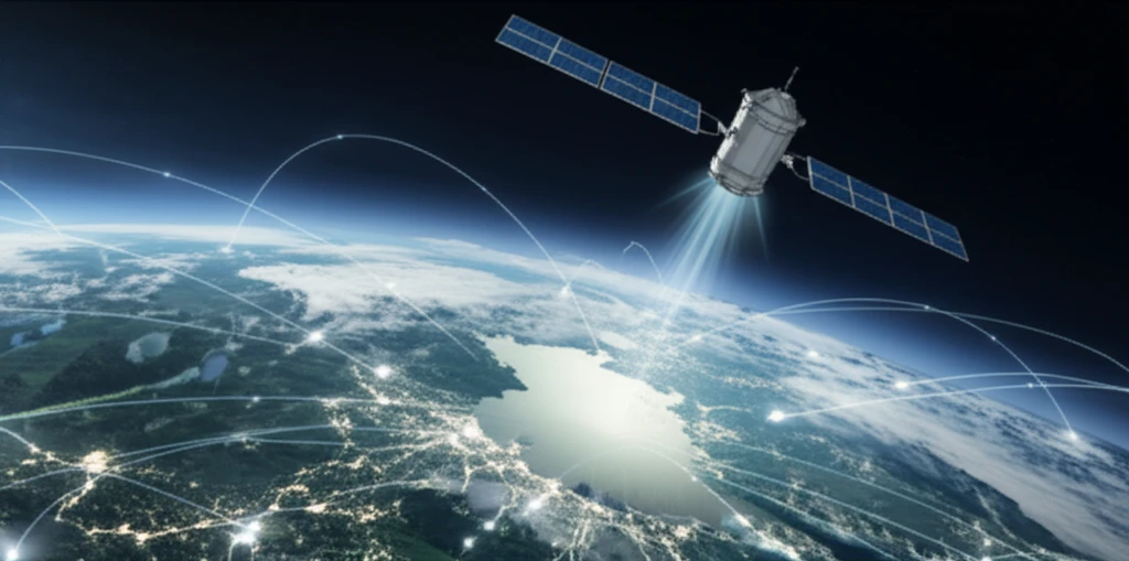 Illustration of a satellite gathering data on Earth's water resources.
