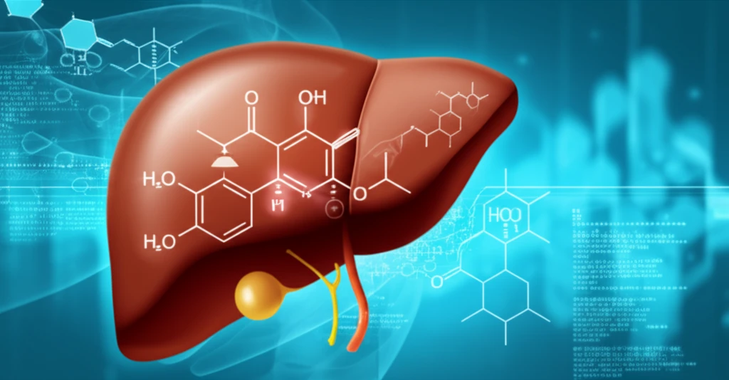 Illustration of a healthy liver with Rutin and Silymarin symbols