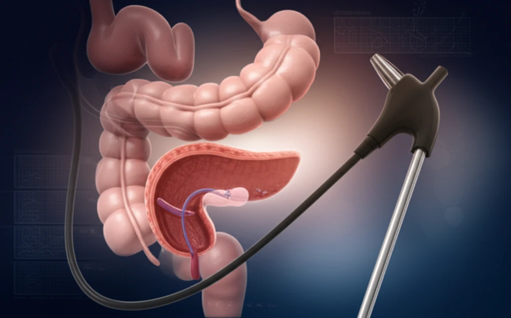 Digital illustration of ERCP and Cholecystectomy instruments with the digestive system