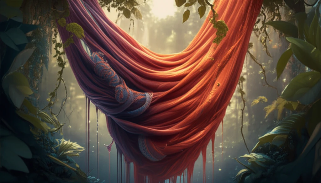 Illustration of a textile being dyed with natural dyes, surrounded by nature and clean water, representing sustainable fashion.
