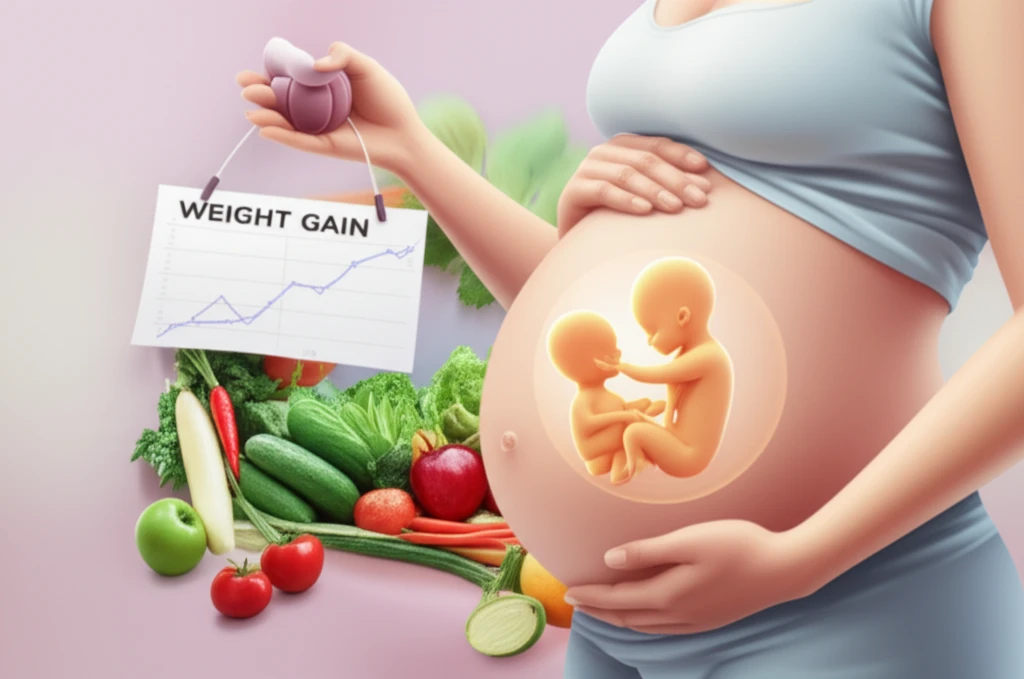 Illustration of a pregnant woman looking at a weight gain chart
