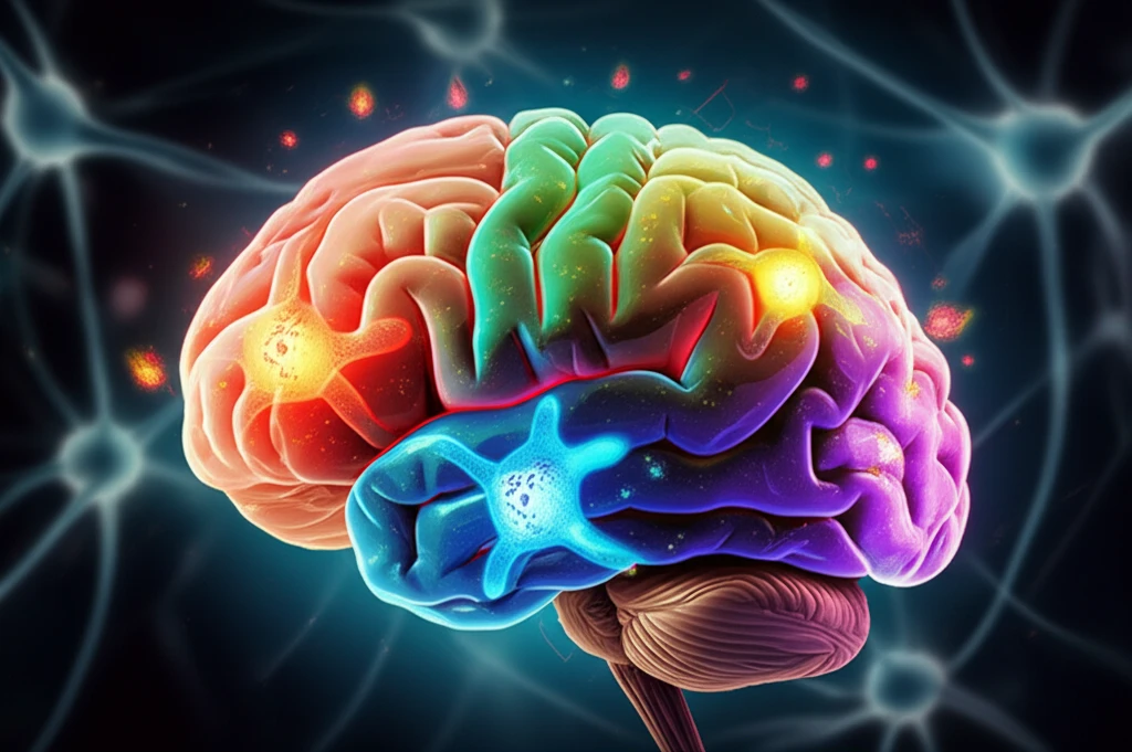 Illustration of a brain with glowing astrocytes, symbolizing the impact of PFB on brain health and reducing neuroinflammation.