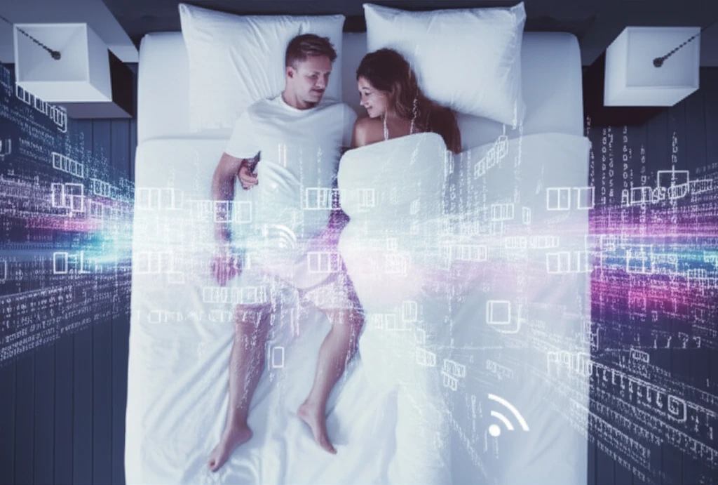 Illustration of a couple in bed with data streams, binary code, and tech symbols, representing the impact of sex tracking technology.
