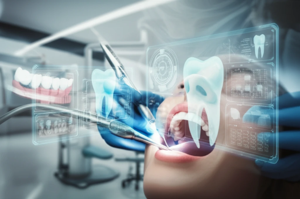 Digital illustration of a futuristic dental office featuring a dentist using advanced technology to examine a patient's teeth