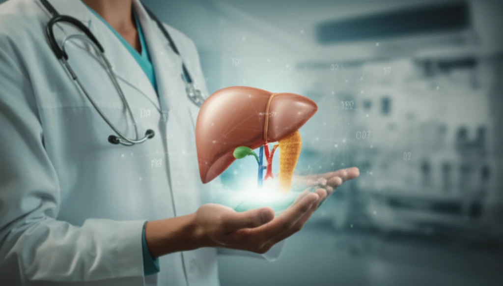 Digital illustration depicting non-operative management of liver and spleen injuries. A doctor gently holding a 3D model of the liver and spleen with a calming atmosphere.