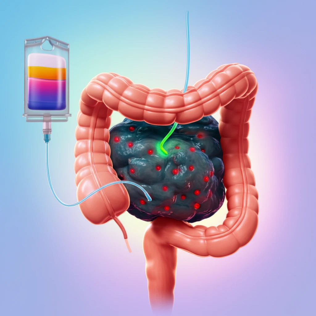 Illustration of a digestive system with Gastrografin resolving a fecal impaction, symbolizing effective constipation treatment.
