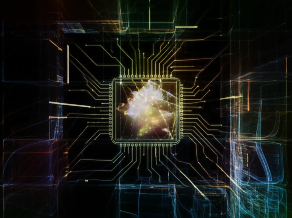 A futuristic circuit board with glowing pathways and AI algorithm