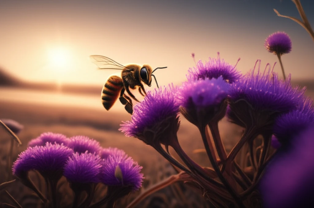 Illustration of a honeybee foraging on a 'Assa-peixe' flower.