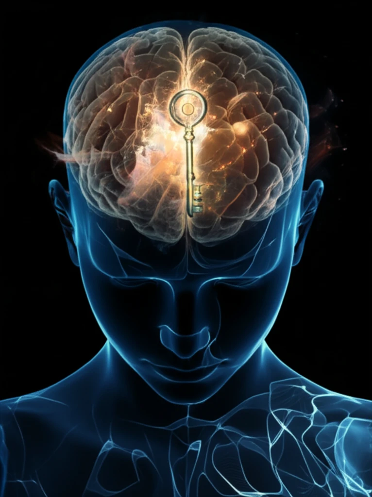 Illustration of a brain with a key fitting into a receptor, symbolizing relief from chronic pain.