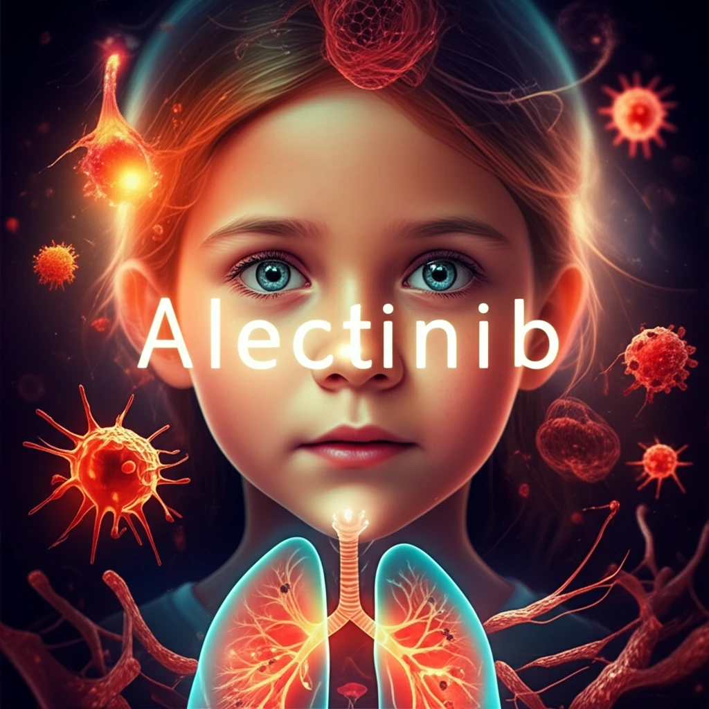 Illustration of a young girl representing hope, with the word Alectinib, and glowing lung imagery representing cancer treatment.