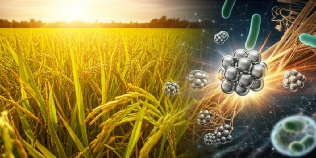 Illustration of rice straw transforming into silver nanoparticles, fighting bacteria
