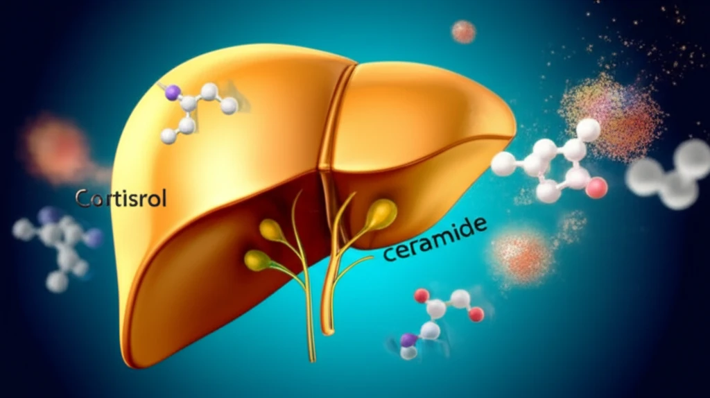 Illustration of the liver with cortisol molecules and ceramides, illustrating insulin resistance.