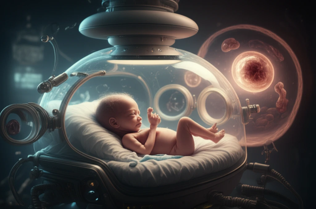 Illustration of a premature baby in an incubator, with medical staff, representing chorioamnionitis and neonatal care.