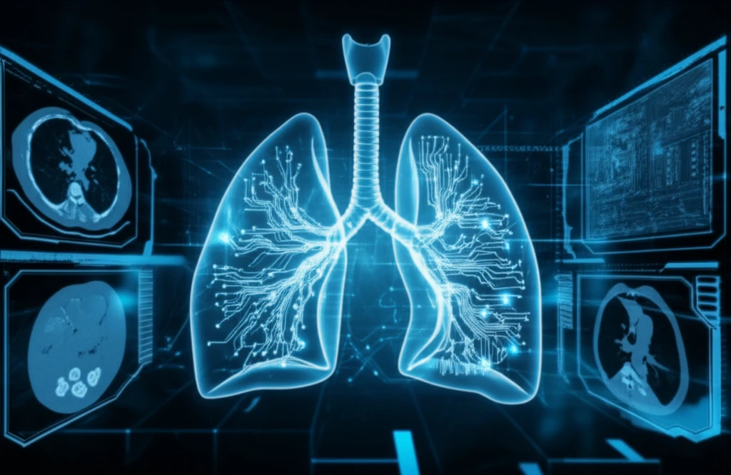 Illustration of a lung with advanced imaging technology and digital circuits, representing advancements in lung cancer treatment