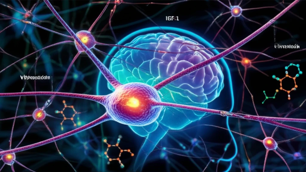 Illustration depicting neurons and their interaction with IGF-1 and vitronectin in brain injury recovery.