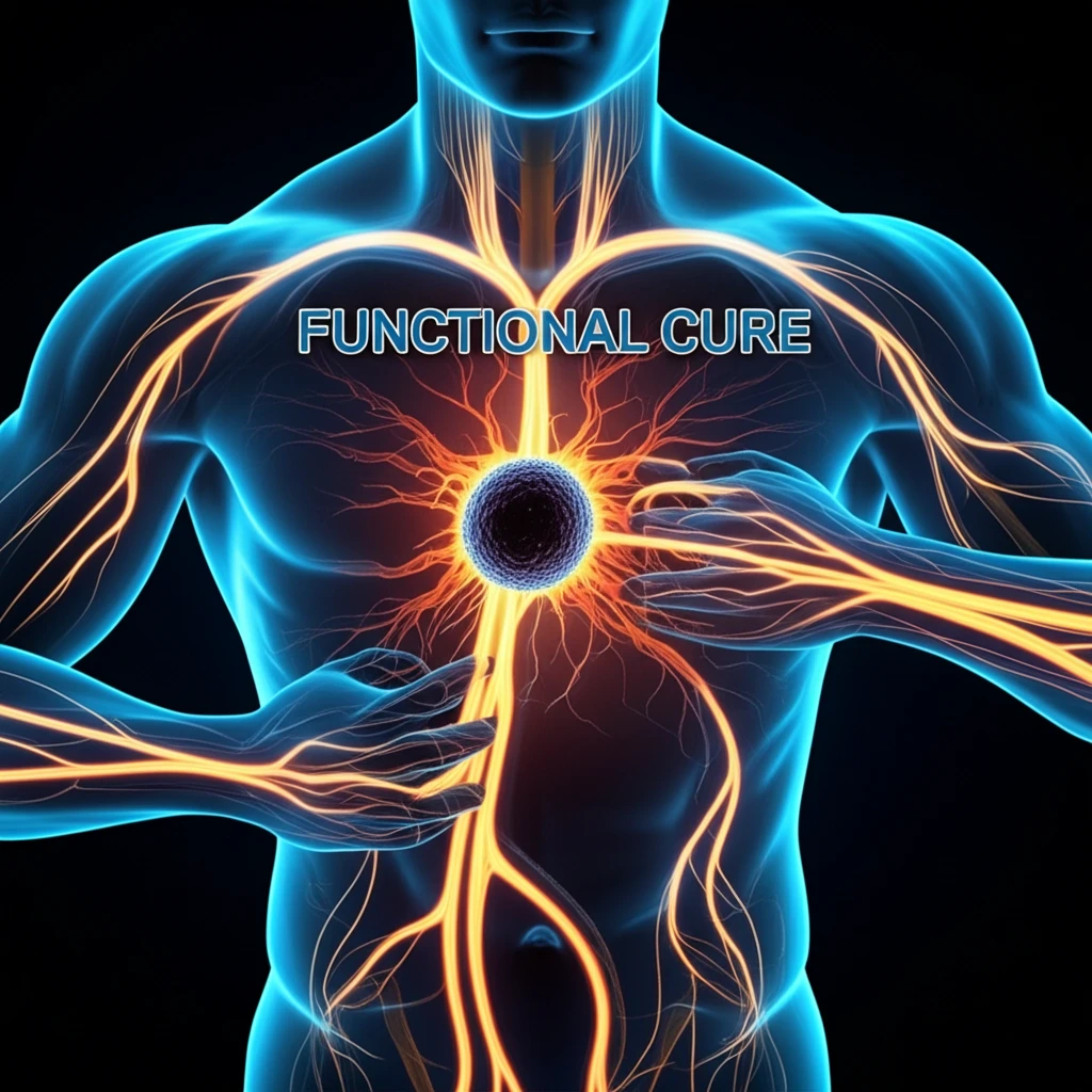 A digital illustration depicting the concept of a functional HIV cure, with focus on immune system and viral suppression.