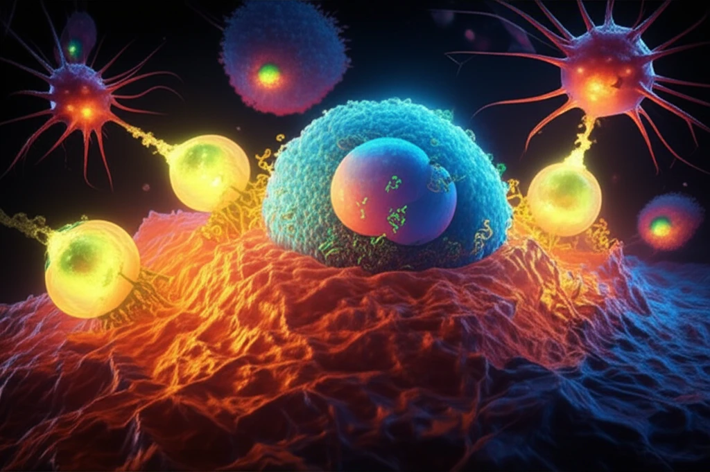 Illustration of immunological cell death with immune cells attacking a cancer cell displaying CRT.