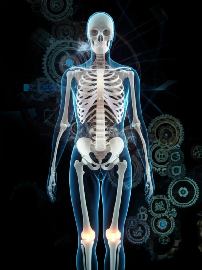 Illustration of a human skeleton with glowing joints, representing innovation in joint biomechanics.