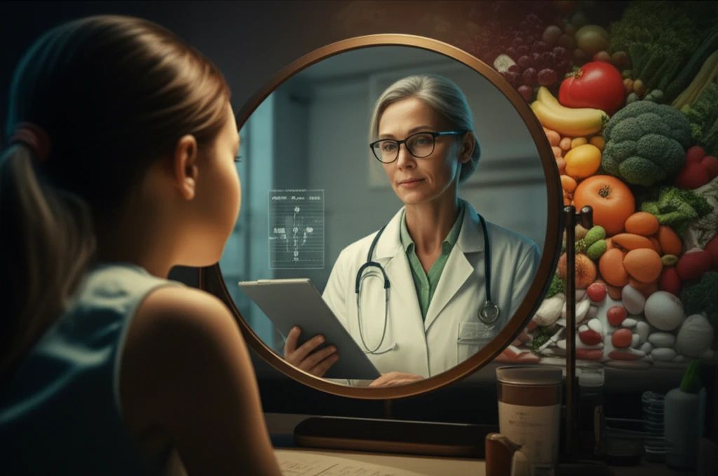 Digital illustration of a teen girl with IBD looking at a mirror, seeing doctor and growth chart in reflection.