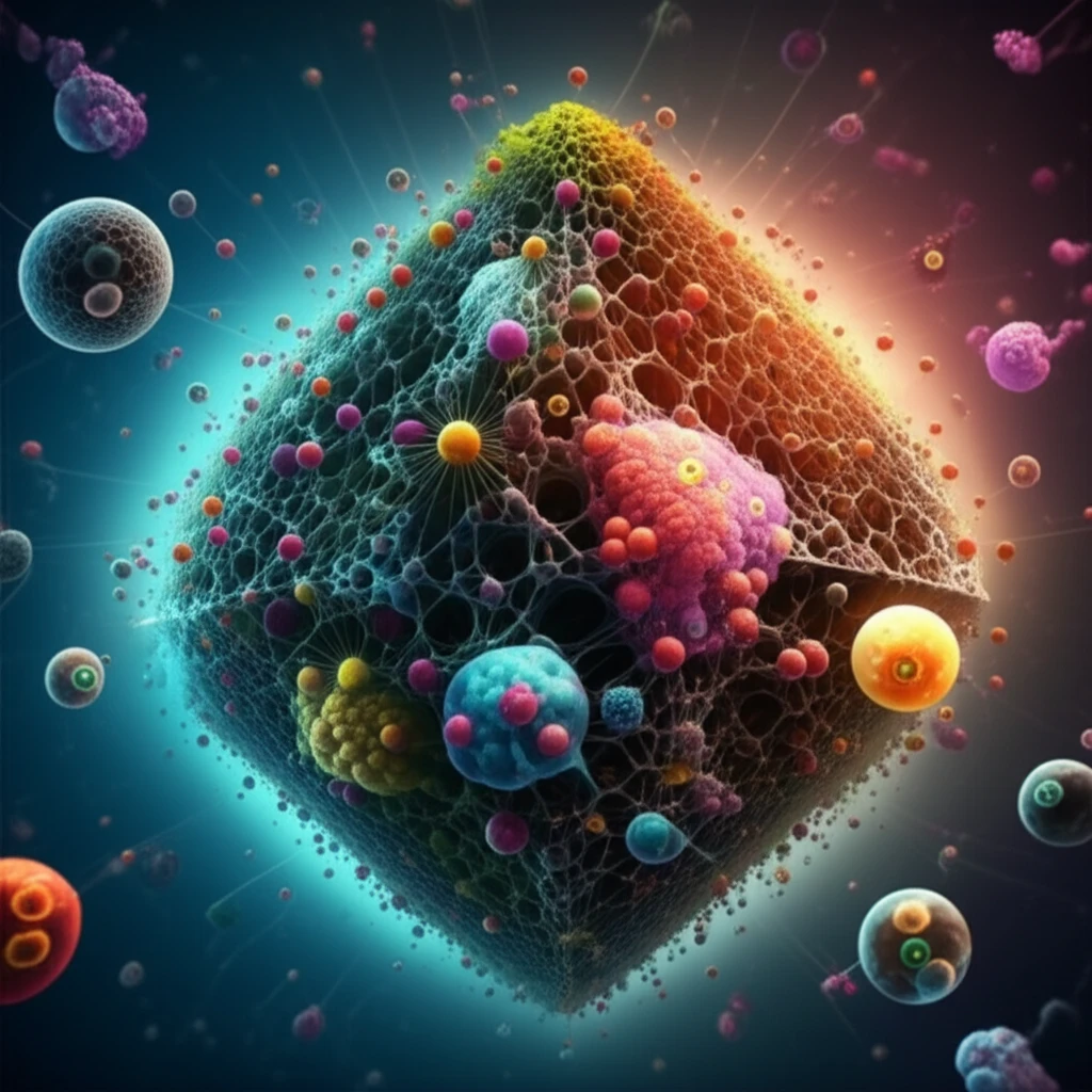 Illustration of alginate aerogel structure capturing heavy metals and dyes, representing water purification.