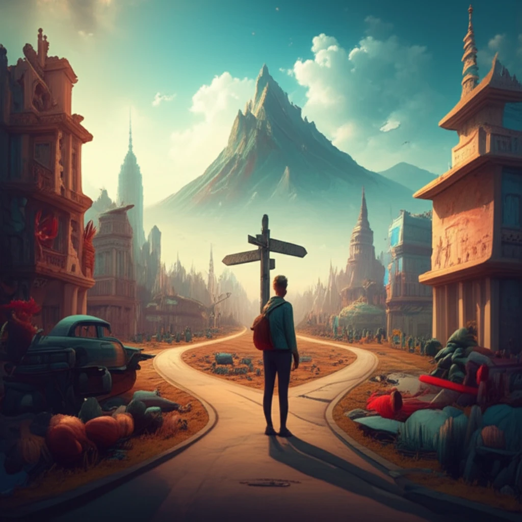 Illustration depicting a traveler at a crossroads, symbolizing the choice between familiar history and novel experiences, with a North Korean mountain in the background.