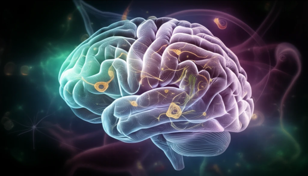 Digital illustration of a brain with pathways of light and alpha-synuclein proteins, visualizing Parkinson's disease.