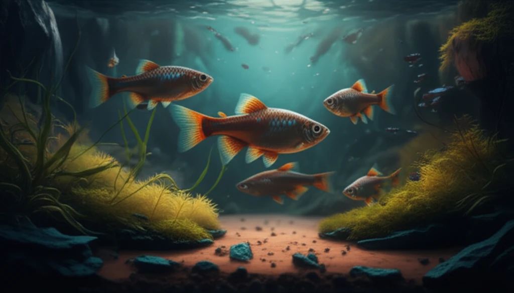 Illustration of zebrafish in diverse environments demonstrating the impact of recent experiences on adult behavior.