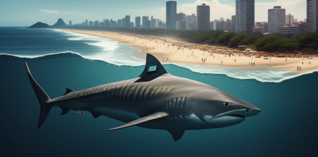 Digital illustration of a tiger shark swimming near a beach, representing the research on shark attacks in Recife, Brazil.