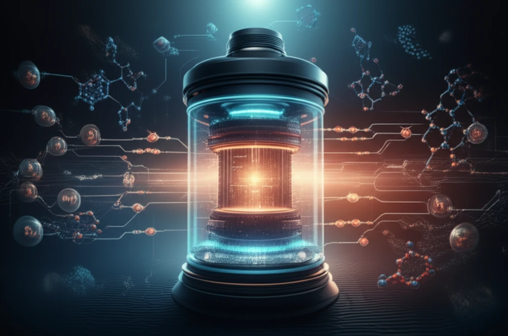 Digital illustration showcasing futuristic energy technology, including fuel cells and graphene structures, to represent electrocatalysis.