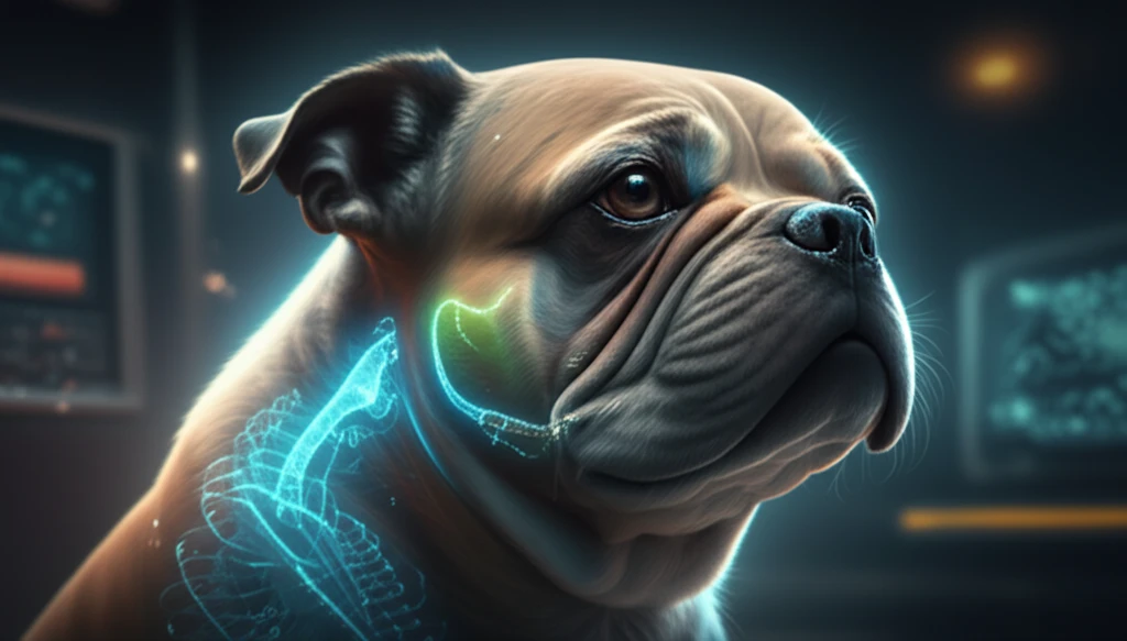 Illustration of a brachycephalic dog with an MRI scan highlighting its airway.