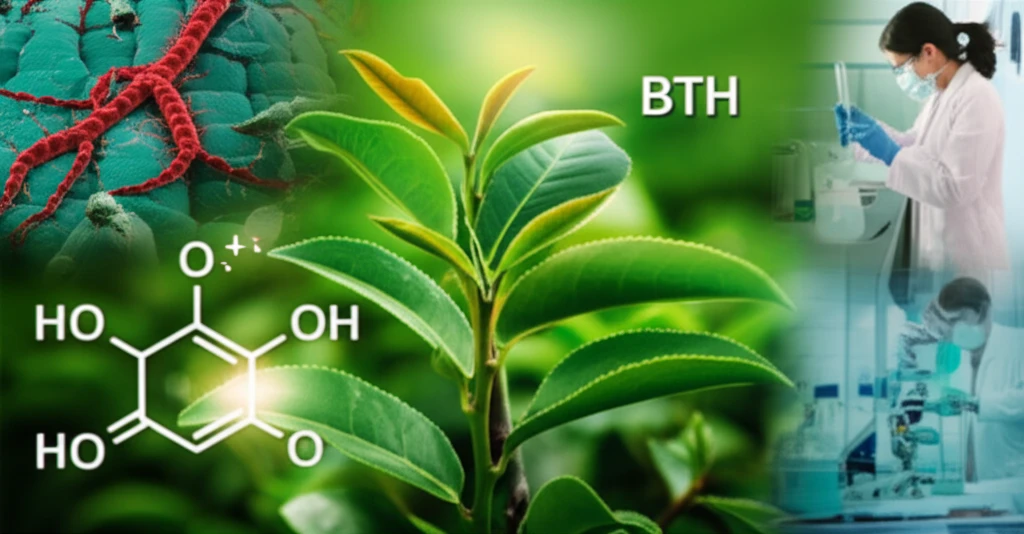 Illustration of a tea plant with enhanced defenses and scientists researching the use of benzothiadiazole to protect against fungal diseases.