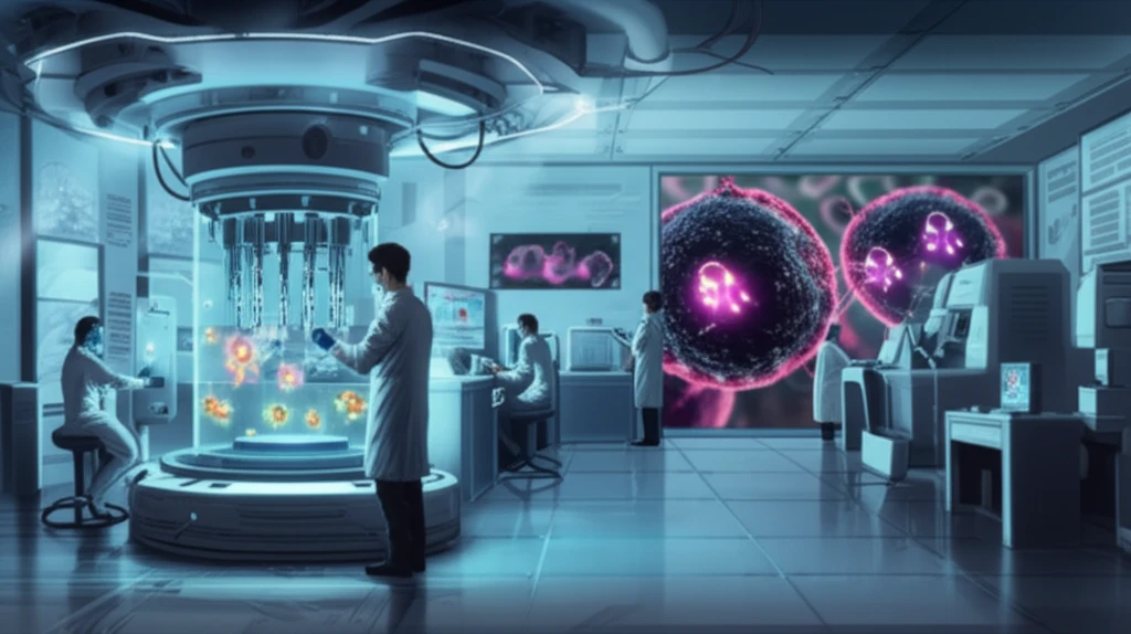 Illustration of CAR-T cell therapy in action, with glowing T-cells targeting cancer cells in a futuristic lab.
