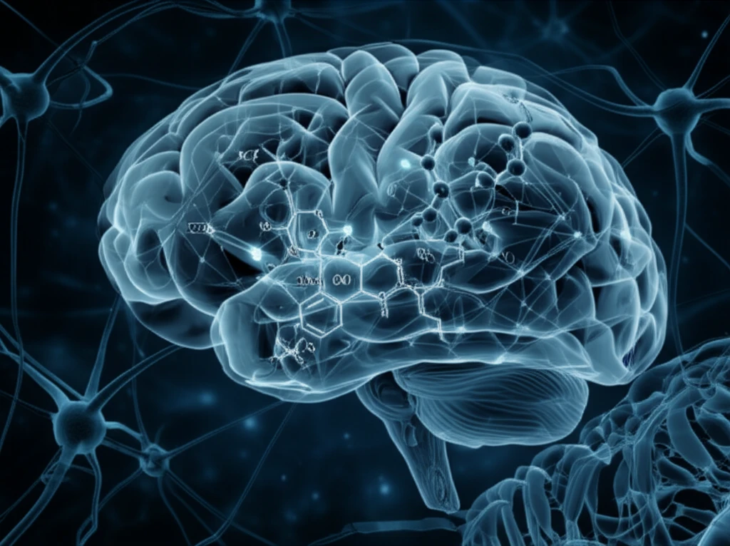 Illustration of a brain intertwined with 27-OHC and alpha-synuclein, symbolizing the research findings
