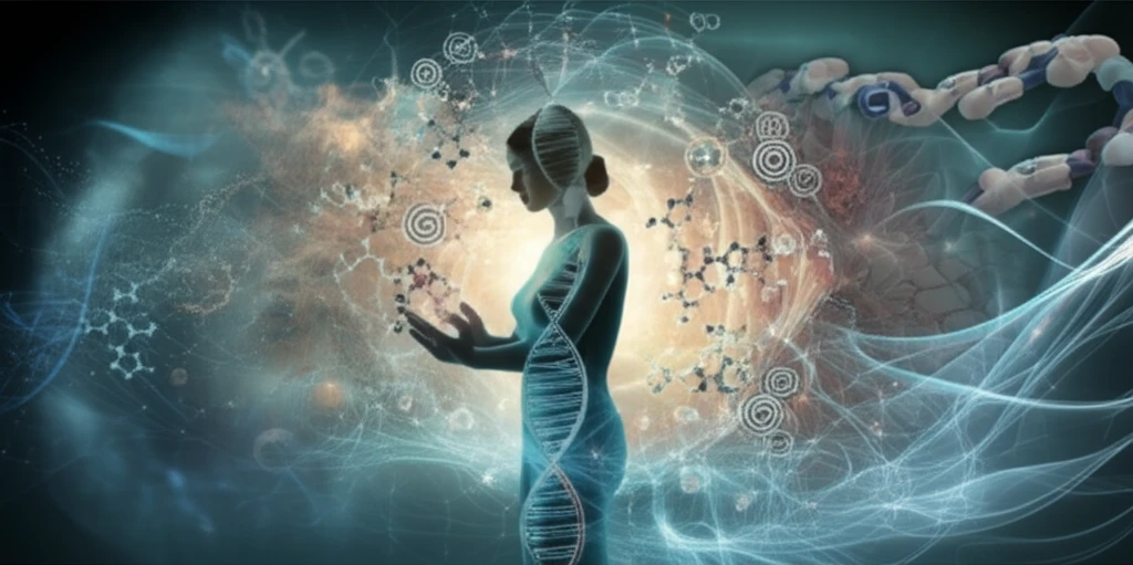 Illustration depicting advancements in gynecological cancer treatment, with symbols of medical innovation and a woman at the center, symbolizing hope and progress.