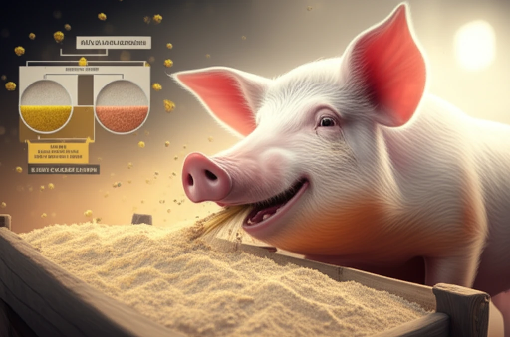 A digital illustration of a pig enjoying air-classified canola meal. The image shows the process of air-classification and its benefits for swine diets.