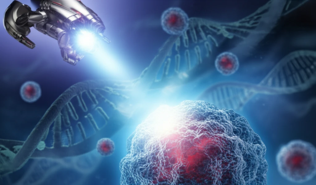 Illustration of a nano-robot targeting a cancer cell, symbolizing a breakthrough in cancer treatment.