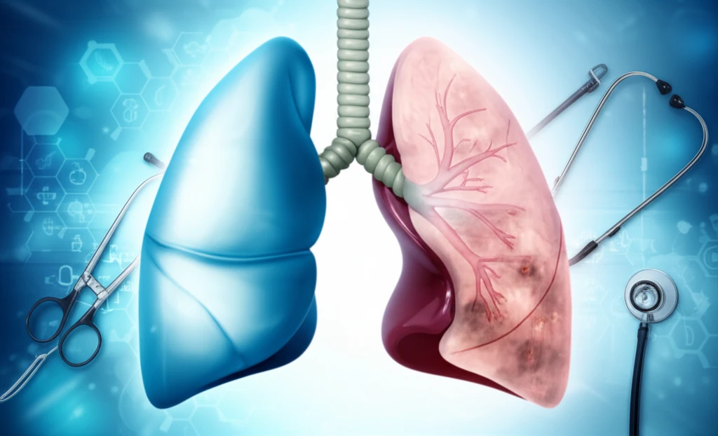 Digital illustration depicting healthy and affected lungs to represent the complications of lung transplantation and overall health of patients.