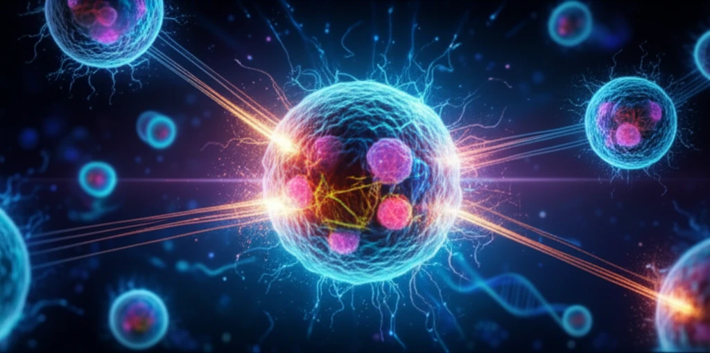 A surreal digital illustration of a cell being illuminated by beams of light, showcasing the DNA-PAINT technique and highlighting the precision of super-resolution microscopy.