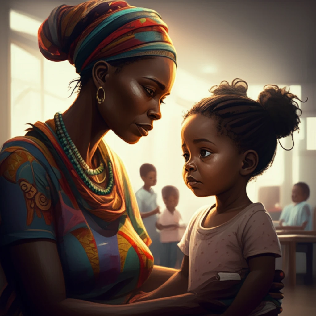A digital illustration of a mother with her child, looking at a health clinic.