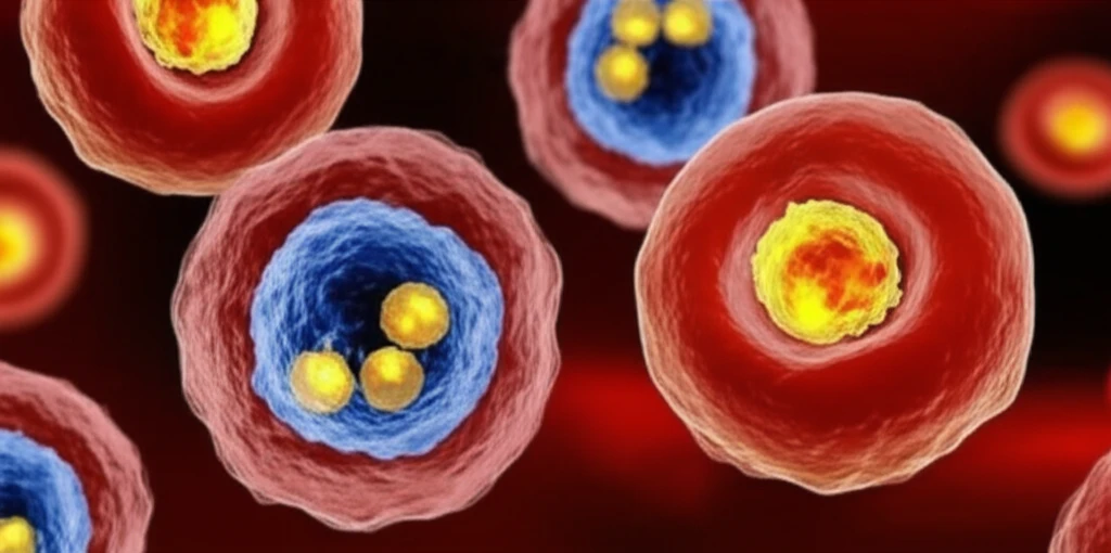 Illustration depicting the role of y-catenin in acute myeloid leukemia. Shows healthy and cancerous blood cells, with the protein y-catenin highlighted.