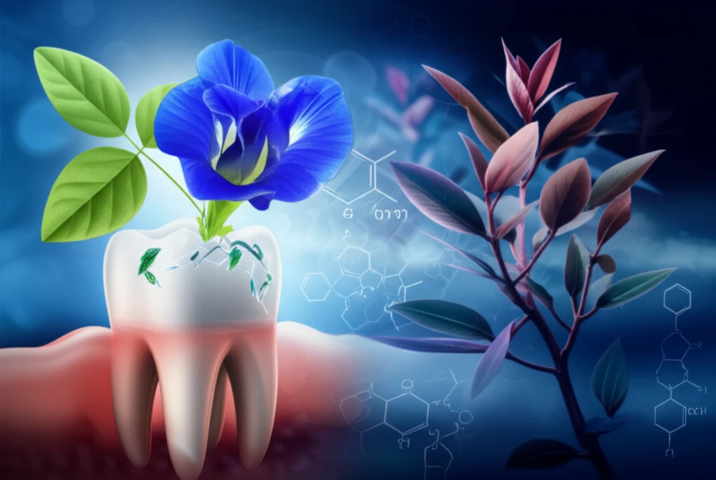 Illustration of a blue Clitoria ternatea flower, symbolizing herbal medicine, on a molar, with microscopic bacteria being dissolved, demonstrating its potential for oral health.