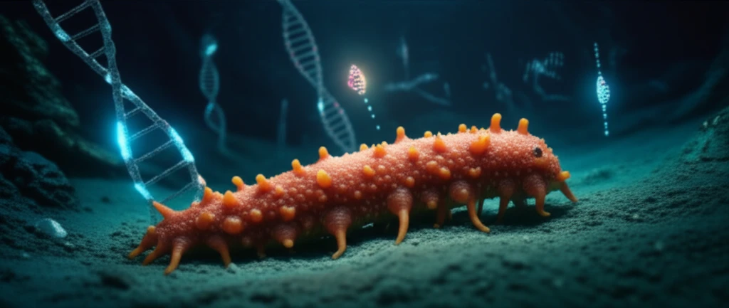 Illustration of a sea cucumber with DNA strands, representing genetic research and conservation efforts.