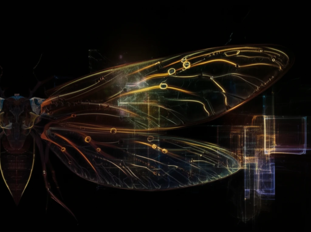 Illustration of a futuristic insect wing with glowing neural-inspired sensors against a backdrop of data streams and algorithms.