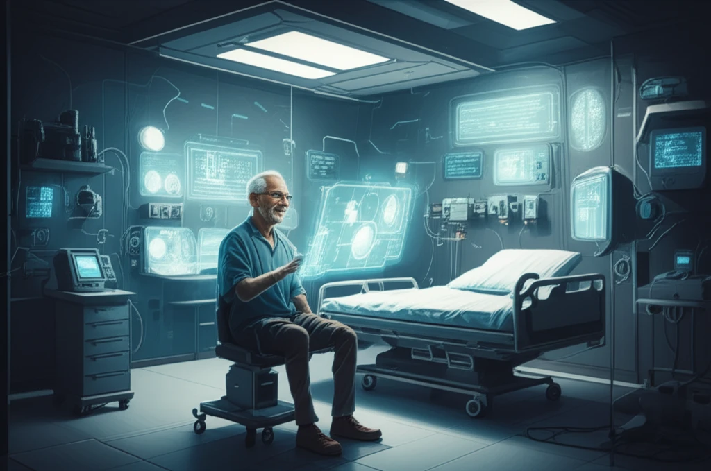 A futuristic hospital room with a veteran interacting with an AI-powered EHR system.