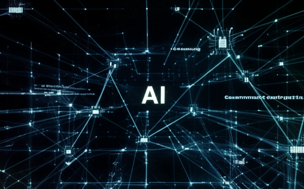 A digital illustration depicting the future of e-tendering, with AI algorithms and data streams converging to select the optimal tenderer.