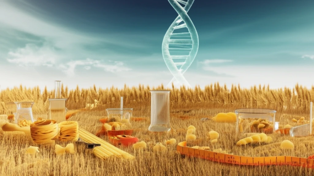 Illustration of durum wheat field with DNA structure and pasta, symbolizing the fusion of genetics and food science.