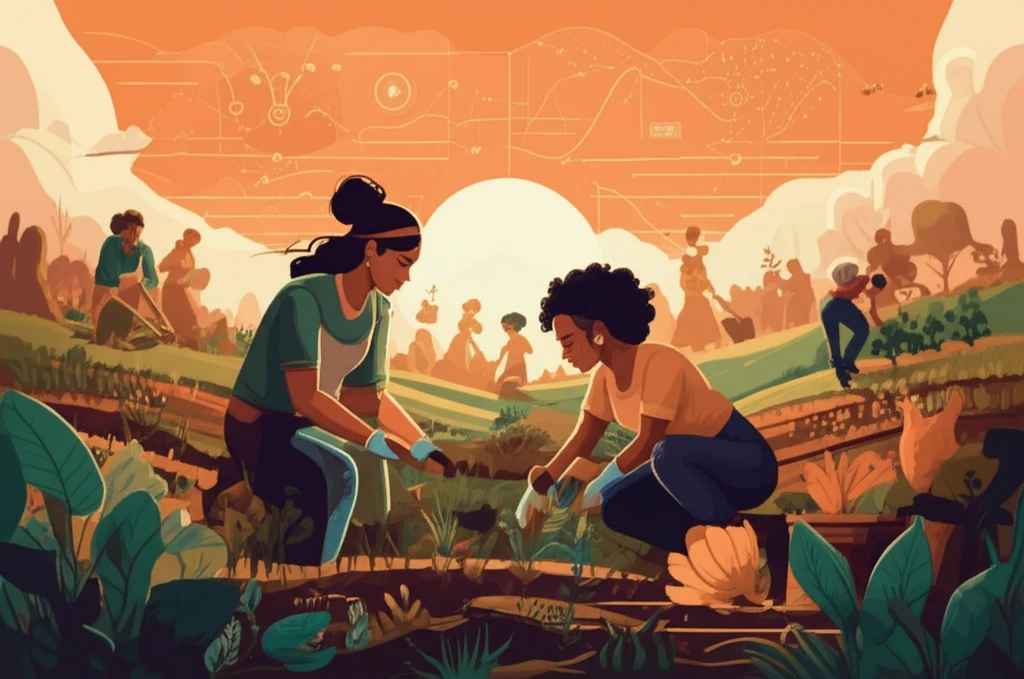 A surreal digital illustration of women farmers working together in a vibrant agricultural field, symbolizing empowerment and collaboration.