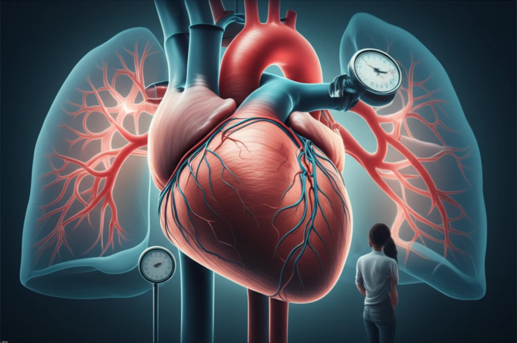 Illustration of a heart with thickened muscle fibers connected to lungs with high blood pressure. A person beside the image.