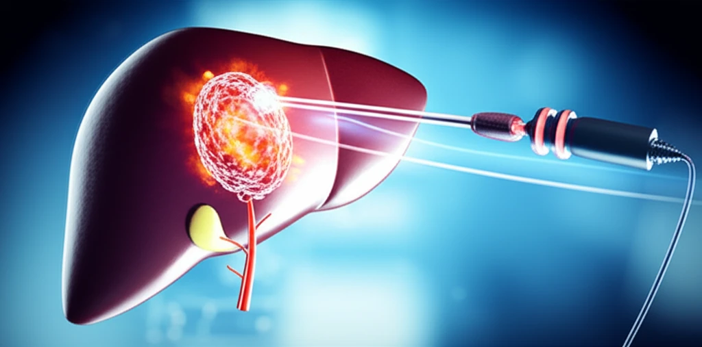 Illustration of radiofrequency ablation targeting liver tumors from gastric cancer.