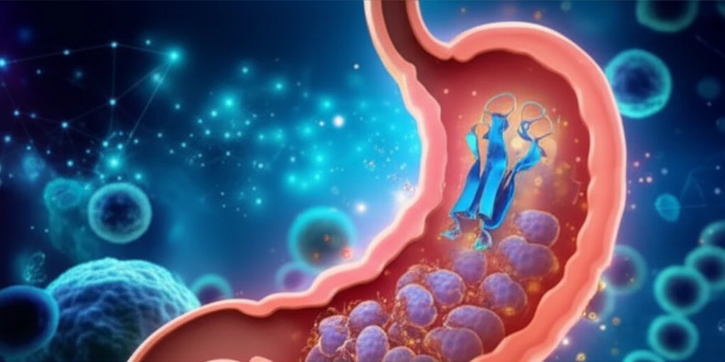 Illustration of a stomach cell with HER2 protein amplification, symbolizing progress in gastric cancer treatment.